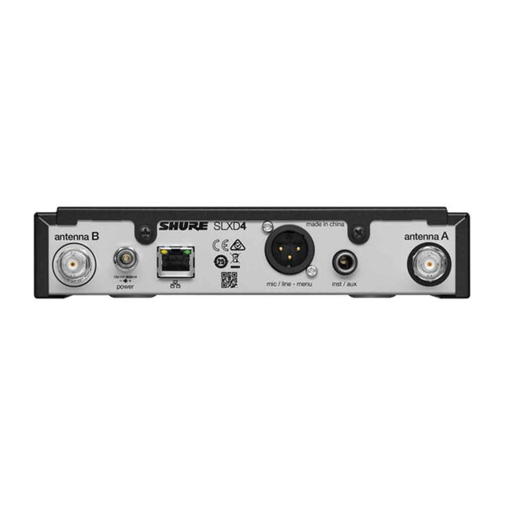 Hệ thống micro cài áo Shure SLXD14/85 hình đang được chụp chi tiết mặt sau với có thiết kế 6 phích cắm đầu vào các loại