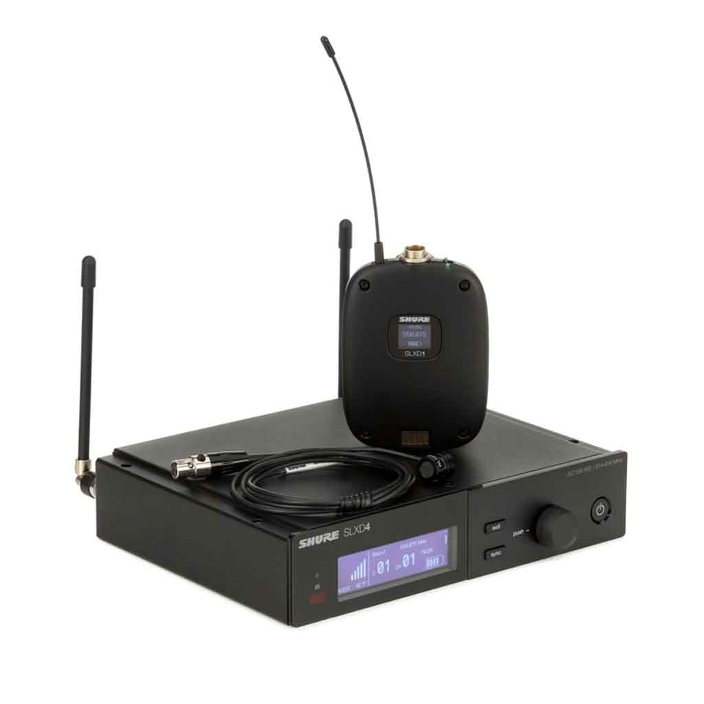 Hệ thống micro cài áo Shure SLXD14/85 Bộ thu không dây Shure SLXD4 hình đang được miêu tả chi tiết thiết bị nằm phía dưới thiết kế màu đen, kiểu dáng chuyên nghiệp