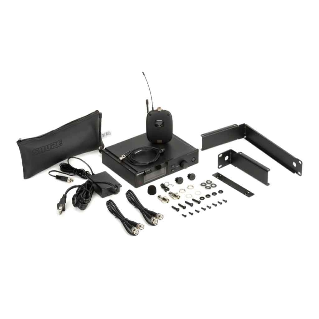 Hệ thống micro cài áo Shure SLXD14 hình đang được miêu tả chi tiết cái linh kiện phụ kiện của sản phẩm trong khung nền trắng 