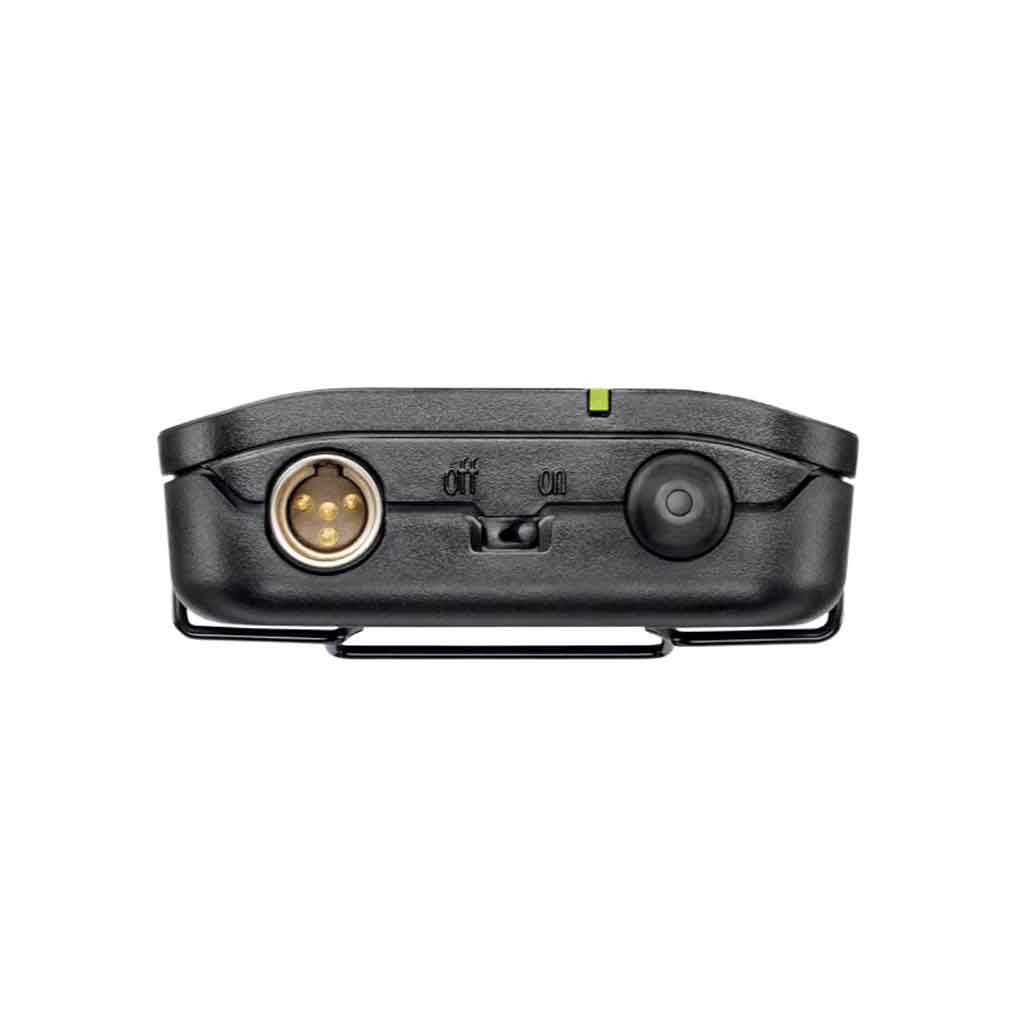 Hệ thống micro đeo tai không dây Shure BLX14/PGA31 với mặt bên trên Có đèn báo kết nối (LED màu xanh lá).  Công tắc bật/tắt ở cạnh bên.