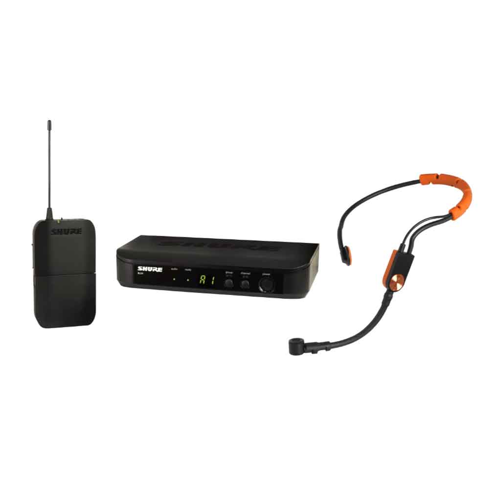 Hệ thống micro đeo tai không dây Shure BLX14/SM31 với có thiết kế vòng đeo đầu thể thao gọng vòng mảnh, linh hoạt, đi kèm đệm cao su màu cam nổi bật ở hai bên gáy và tai – tăng độ bám và nhận diện thể thao