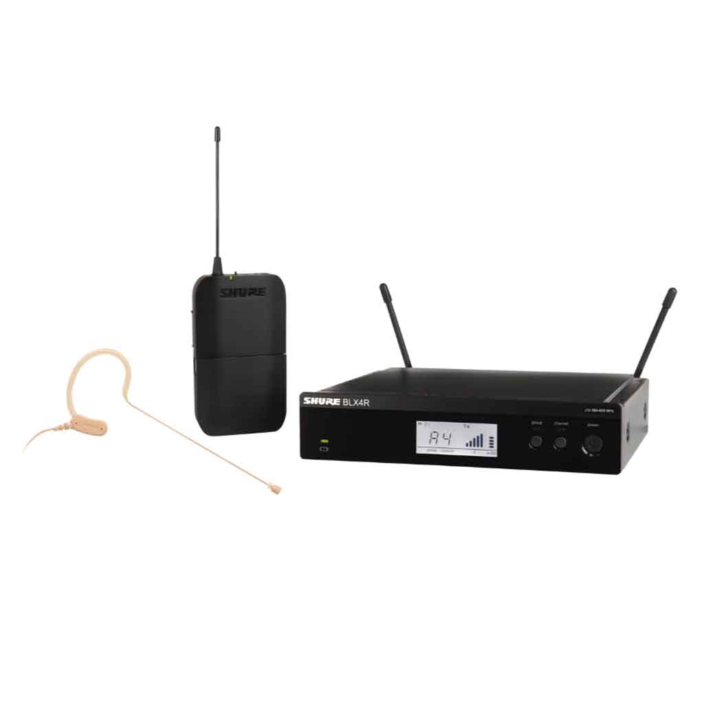 Hệ thống micro đeo tai không dây Shure BLX14R/MX53 với được thiết kế kiểu dáng dạng rackmount (gắn tủ thiết bị), hình chữ nhật chắc chắn, màu đen