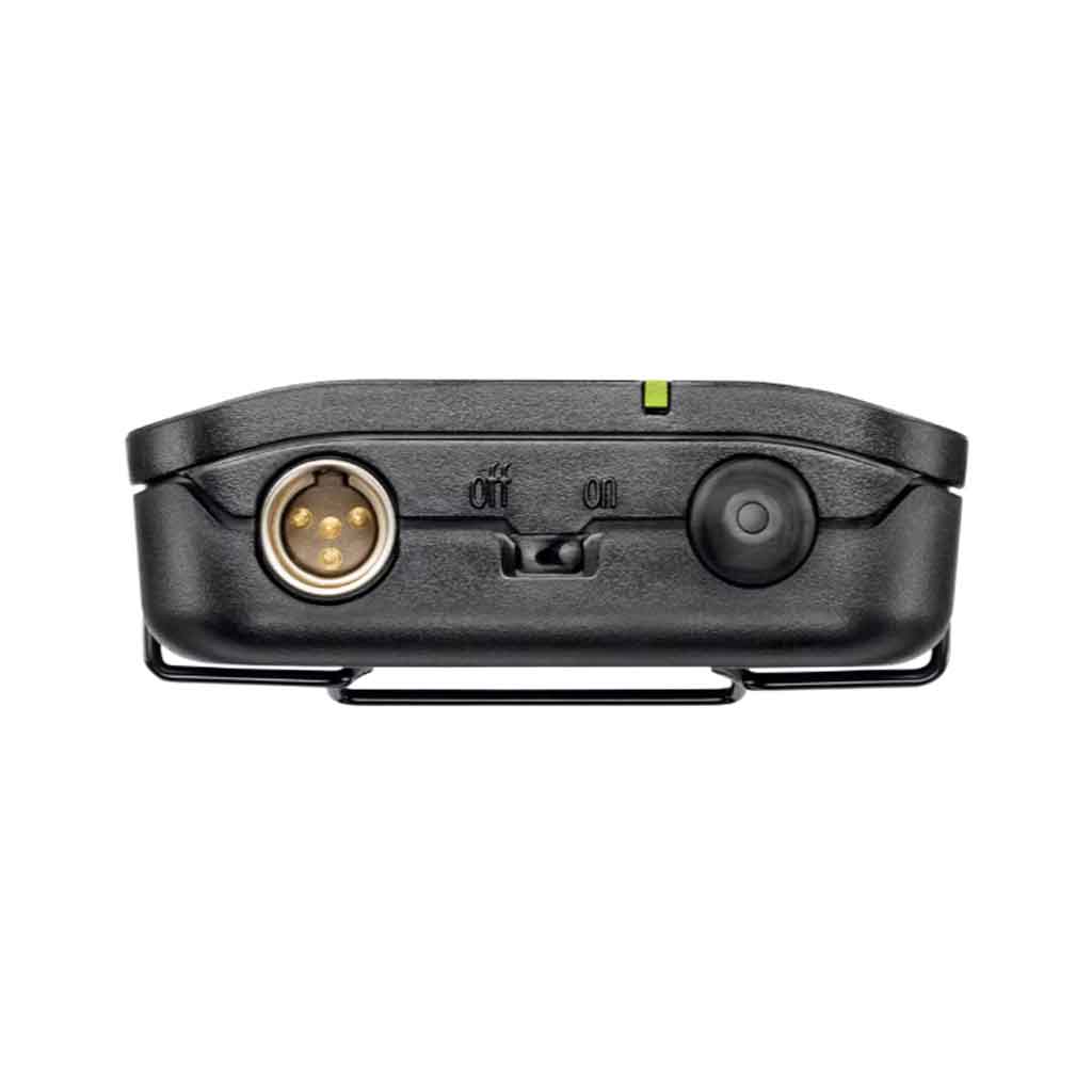 Hệ thống micro đeo tai không dây Shure BLX14R/MX53 với mặt bên trên Có đèn báo kết nối (LED màu xanh lá).  Công tắc bật/tắt ở cạnh bên.