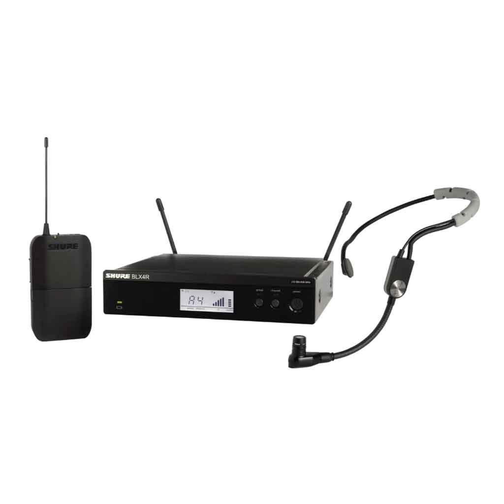 Hệ thống micro đeo tai không dây Shure BLX14R/SM35 hình đang được chụp miêu tả kiểu dáng thiết kế dạng vòng đeo qua gáy, nhẹ, có thể điều chỉnh linh hoạt theo hình dạng đầu