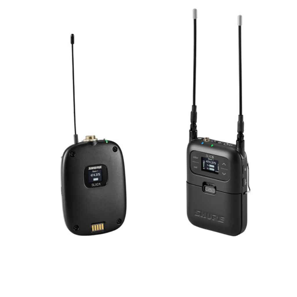 Hệ thống micro không dây Shure SLXD15 hình đang được miêu tả Thiết bị bên trái shure SLXD1 - Bodypack Transmitter thiết kế nhỏ gọn, vỏ ngoài màu đen.