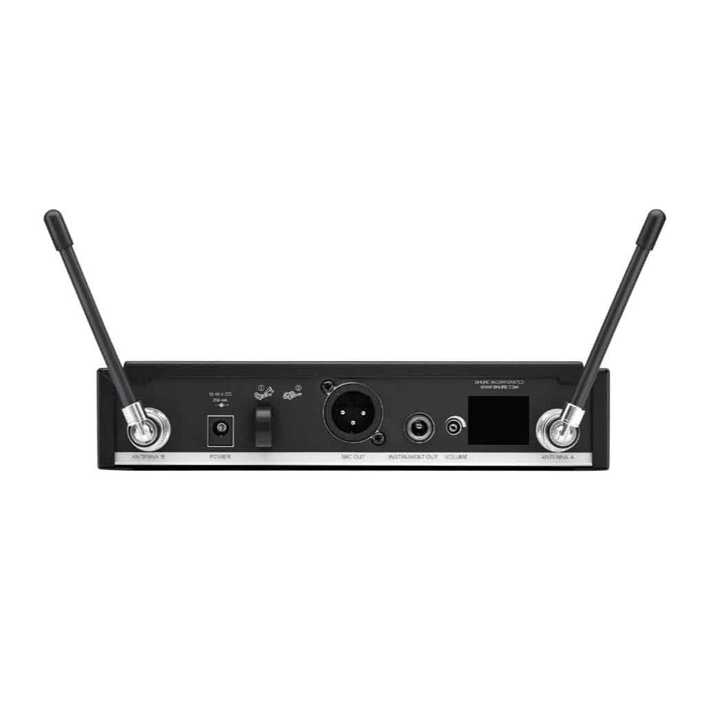 Hệ thống micro không dây cầm tay Shure BLX24R/B58 với có nguồn (Power)  Cổng cấp nguồn DC (12–15 V DC) và công tắc nguồn dạng gạt (Power On/Off), cho phép bật/tắt thiết bị nhanh