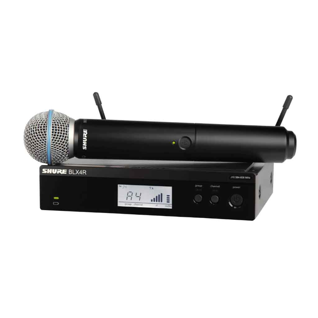 Hệ thống micro không dây cầm tay Shure BLX24R/B58 hình đang được miêu bộ thu gắn rack Shure BLX4R Kiểu dáng rack 1U chuẩn 19″, khung kim loại đen mờ, vỏ chắc chắn, phù hợp lắp tủ âm thanh hoặc trên bàn mixer
