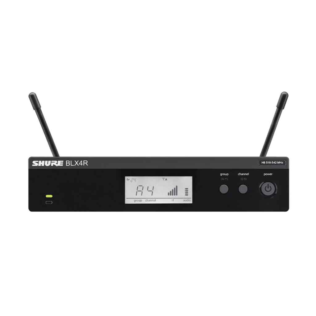 Hệ thống micro không dây cầm tay Shure BLX24R/B58 với có thiết kế màn hình LCD lớn: hiển thị kênh (ví dụ “A4”), tên group, cột vạch tín hiệu RF/AF rõ ràng