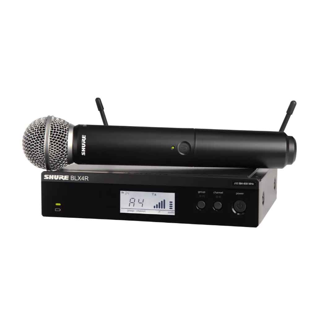 Hệ thống micro không dây cầm tay Shure BLX24R/SM58 hình đang được miêu bộ thu gắn rack Shure BLX4R Kiểu dáng rack 1U chuẩn 19″, khung kim loại đen mờ, vỏ chắc chắn, phù hợp lắp tủ âm thanh hoặc trên bàn mixer