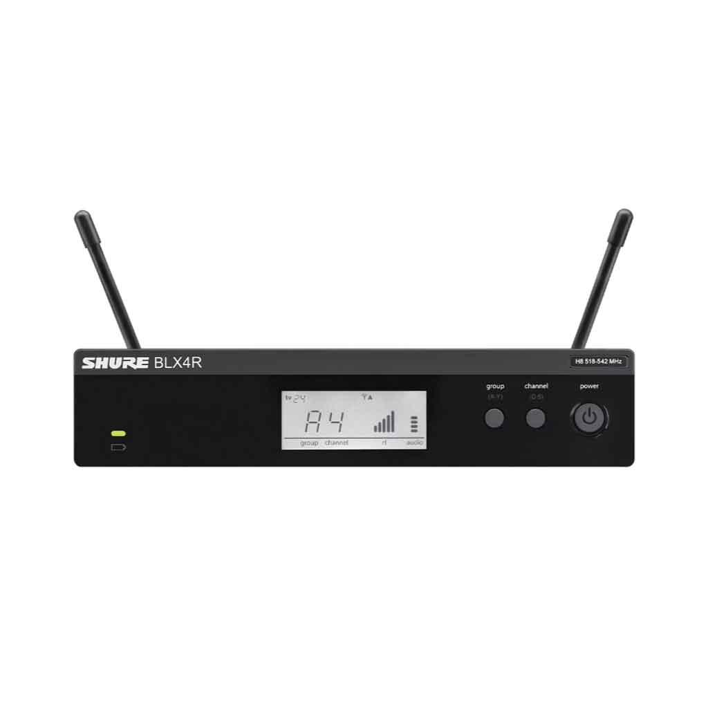 Hệ thống micro không dây cầm tay Shure BLX24R/B58 với có thiết kế màn hình LCD lớn: hiển thị kênh (ví dụ “A4”), tên group, cột vạch tín hiệu RF/AF rõ ràng