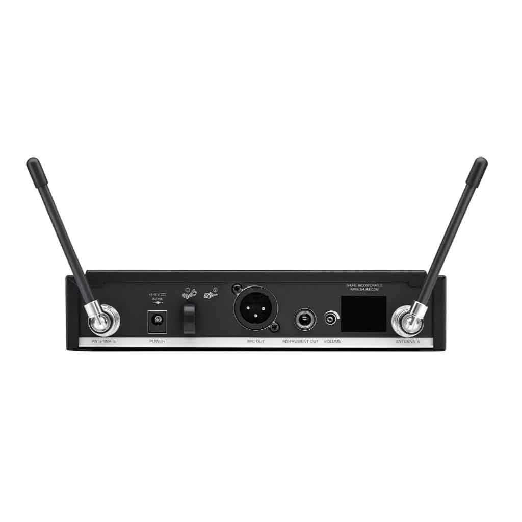 Hệ thống micro không dây cầm tay Shure BLX24R/SM58 với có nguồn (Power)  Cổng cấp nguồn DC (12–15 V DC) và công tắc nguồn dạng gạt (Power On/Off), cho phép bật/tắt thiết bị nhanh