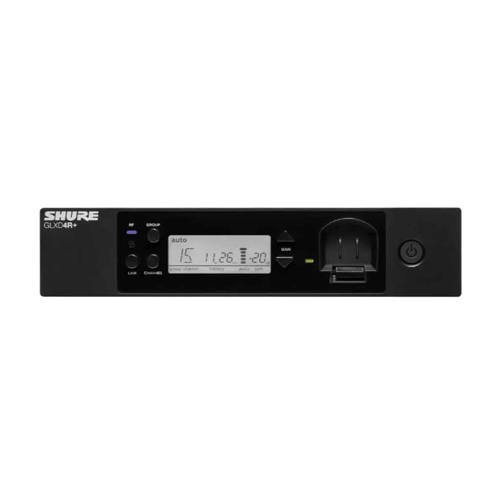 Hệ thống micro không dây kỹ thuật số Shure GLX-D+ với mặt trước màn hình LCD hiển thị:  Tần số hoạt động,  Tên thiết bị/kênh,  Mức sóng RF, mức audio.  Nút control (vặn và ấn) dạng encoder để điều hướng menu.