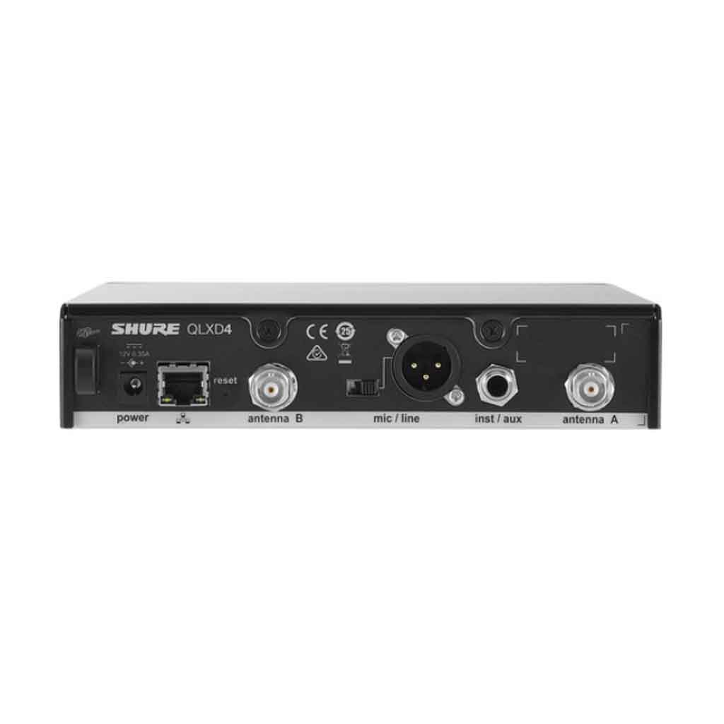 Hệ thống micro không dây Shure QLXD124/85 hình đang được miêu tả Các nút điều chỉnh: gồm nút sync, nút điều hướng, núm xoay điều chỉnh và nút nguồn và có 6 phích cắm đầu vào 