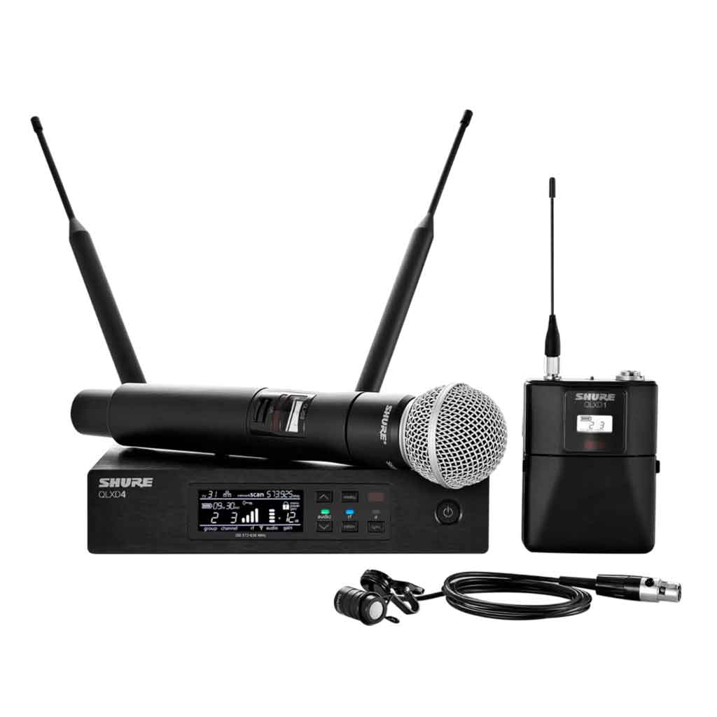 Hệ thống micro không dây Shure QLXD124/85 hình đang được miêu tả Hình ảnh trên là bộ micro không dây đôi cầm tay Shure bao gồm các thành phần chính sau