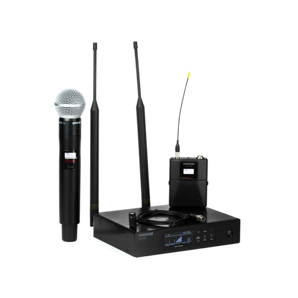 Micro không dây cầm tay Shure QLXD24/B87A hình đang được miêu tả Hình ảnh trên là bộ micro không dây đôi cầm tay Shure bao gồm các thành phần chính sau