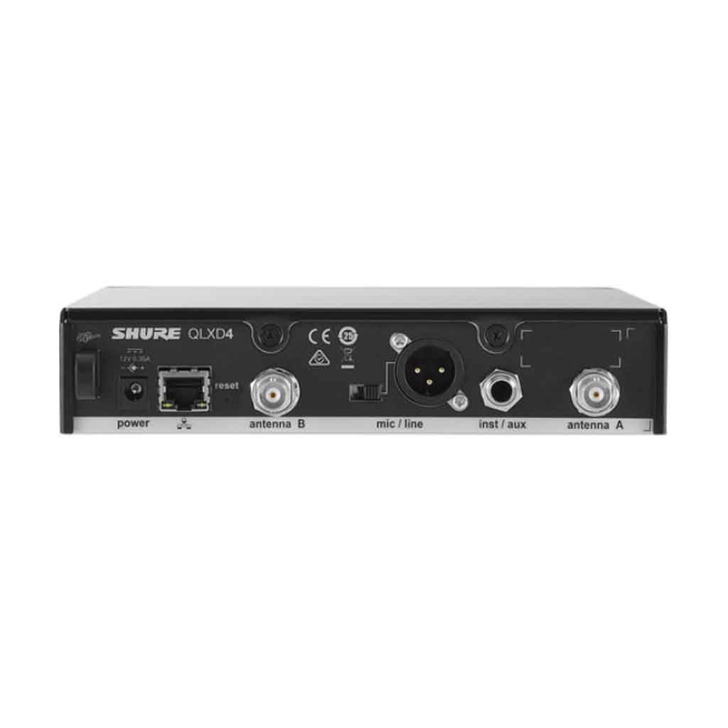 Hệ thống không dây Shure QLXD14 hình đang được chụp miêu tả mặt sau của sản phẩm với 6 phích cắm đầu vào 