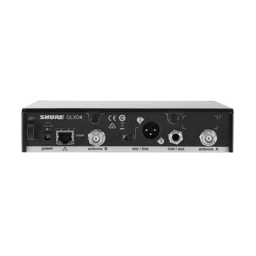 Hệ thống micro không dây Shure QLXD14/SM35 hình đang được miêu tả Các nút điều chỉnh: gồm nút sync, nút điều hướng, núm xoay điều chỉnh và nút nguồn và có 6 phích cắm đầu vào 