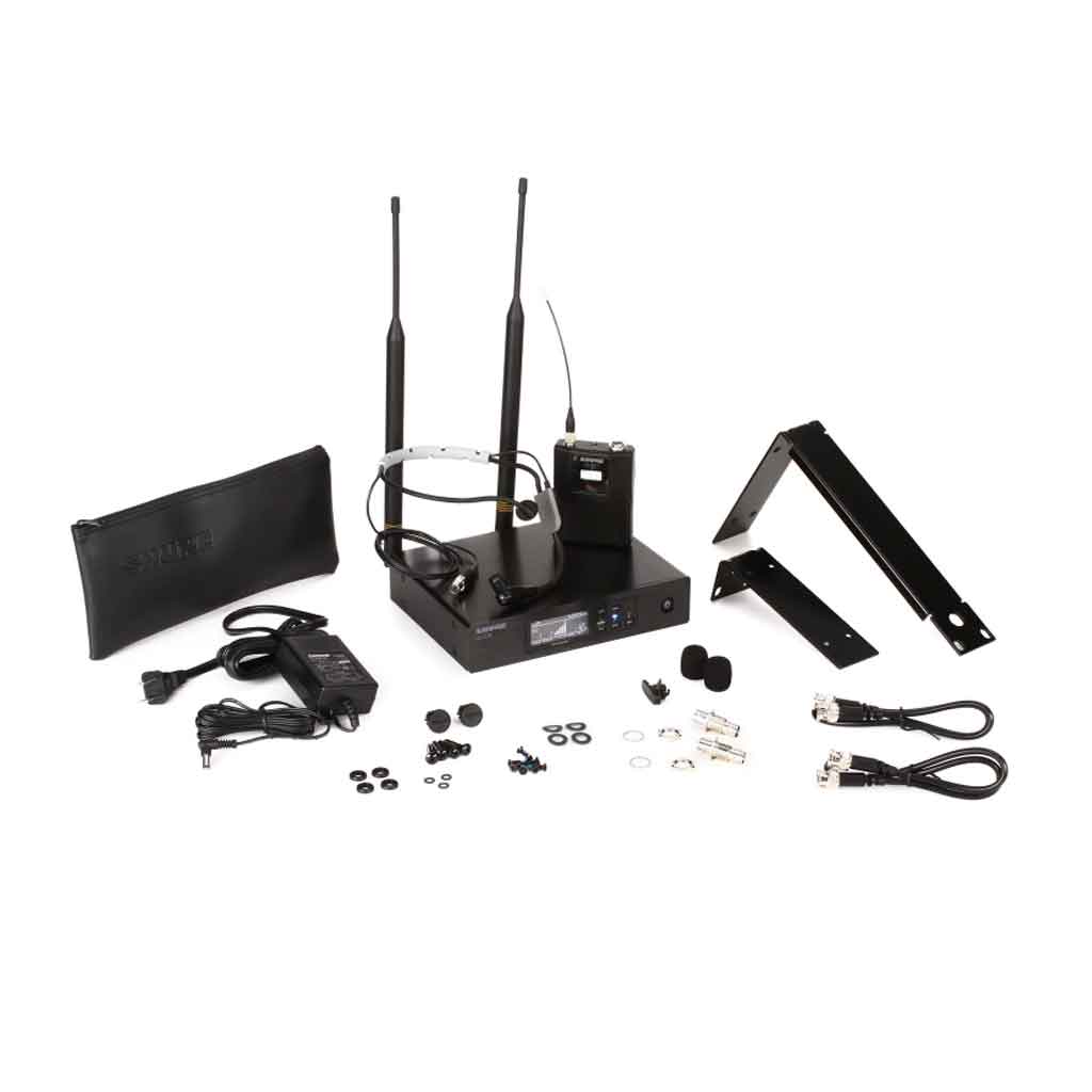 Hệ thống micro không dây Shure QLXD14/SM35 hình đang được chụp miêu tả chi tiết các linh kiện phụ kiện của sản phẩm trong nền trắng 