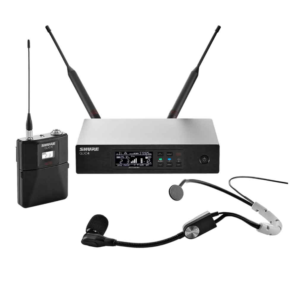 Hệ thống micro không dây Shure QLXD14/SM35 hình đang được miêu tả Hình ảnh trên là bộ micro không dây đôi cầm tay Shure bao gồm các thành phần chính sau