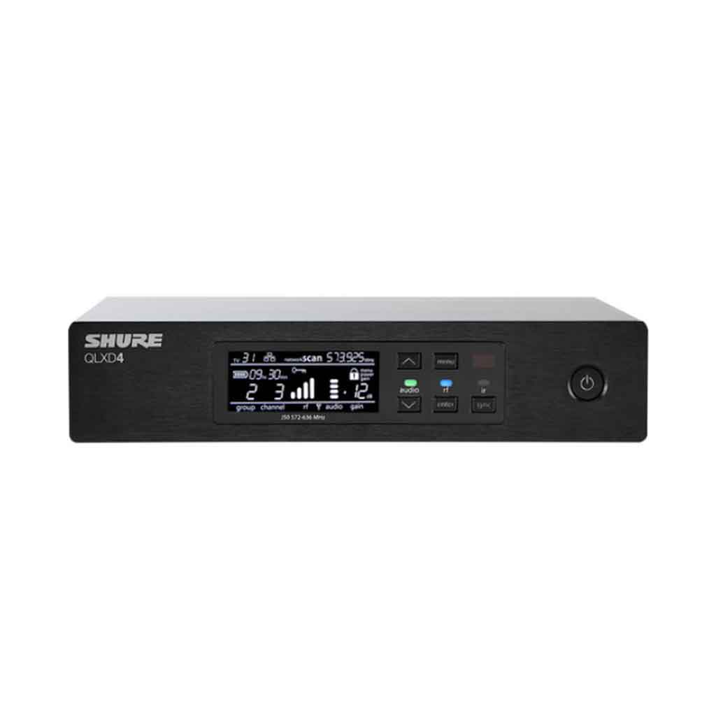 Hệ thống micro không dây Shure QLXD24/B58 có hai màn hình LCD hiển thị thông tin tần số, kênh, tín hiệu RF/AF và mức pin.