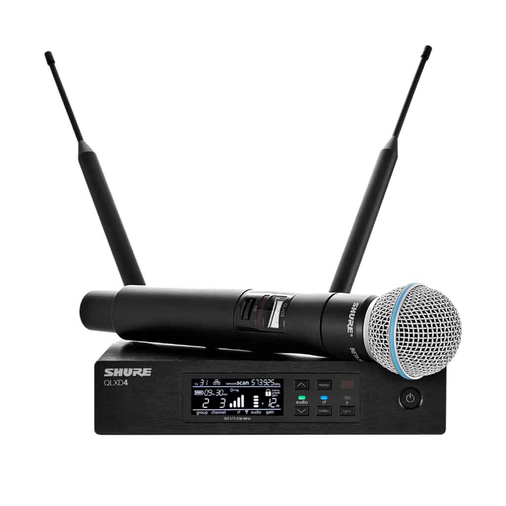Hệ thống micro không dây Shure QLXD24/B58 hình đang được miêu tả Hình ảnh trên là bộ micro không dây đôi cầm tay Shure bao gồm các thành phần chính sau