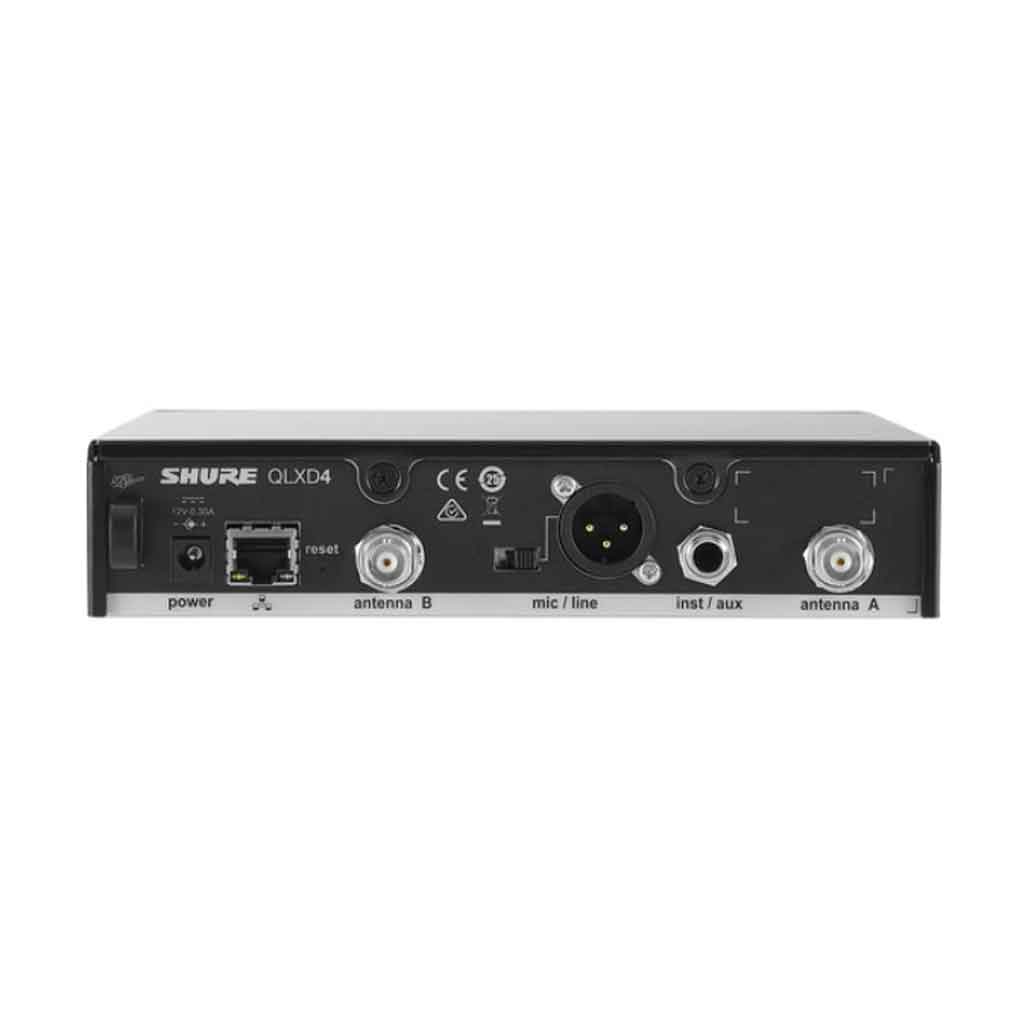 Hệ thống micro không dây Shure QLXD24/B58 hình đang được miêu tả Các nút điều chỉnh: gồm nút sync, nút điều hướng, núm xoay điều chỉnh và nút nguồn và có 6 phích cắm đầu vào 