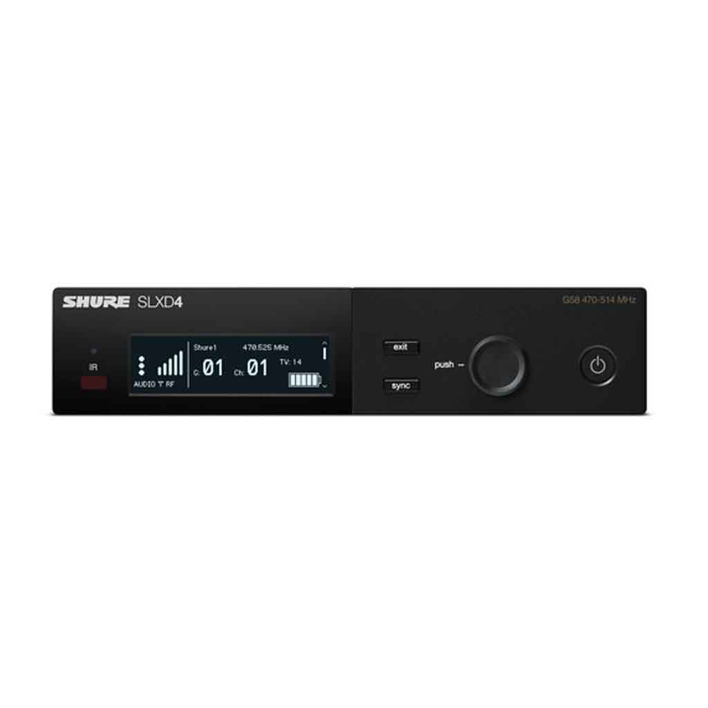 Shure SLXD14/SM35  hình đang miêu tả màn hình LED hiển thị tần số hoạt động ví dụ: 470.200 MHz.