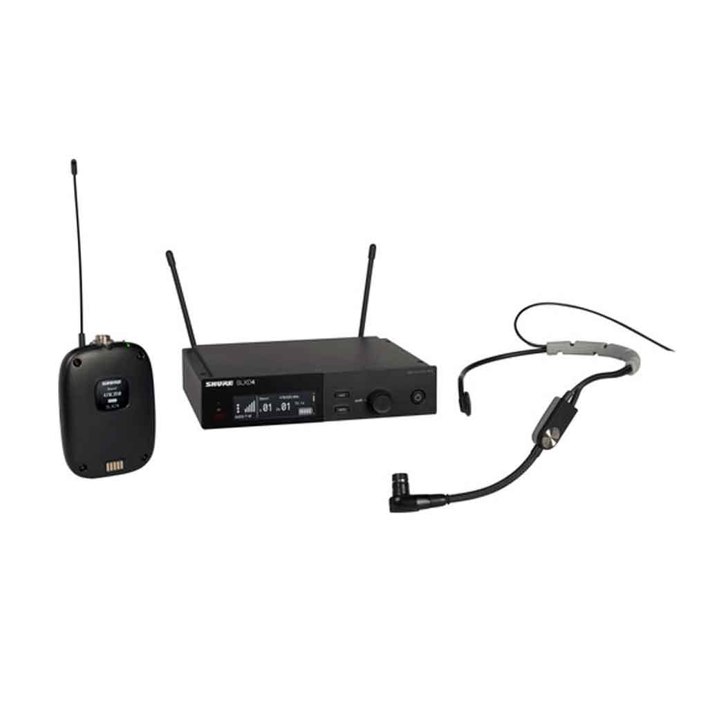 Hệ thống micro không dây Shure SLXD14/SM35 hình đang được miêu bộ phát bodypack Shure SLXD1 bên trái thiết kế nhỏ gọn, màu đen.