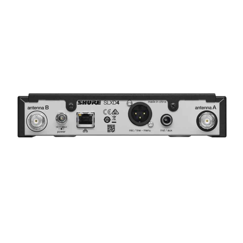 Hệ thống micro không dây Shure SLX-D hình đang được chụp chi tiết miêu tả mặt sau của sản phẩm với có thiết kế 6 phích cắm đầu vào 