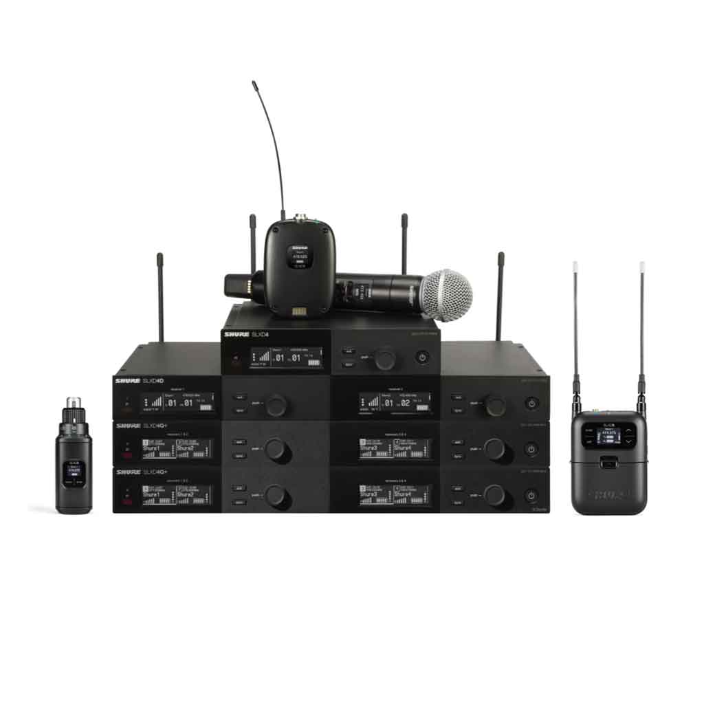 Hệ thống micro không dây Shure SLX-D hình đang được chụp miêu tả sản phẩm trong hình là hệ thống micro không dây kỹ thuật số Shure SLX-D, gồm nhiều bộ thu, bộ phát cầm tay, bodypack và phụ kiện đi kèm.