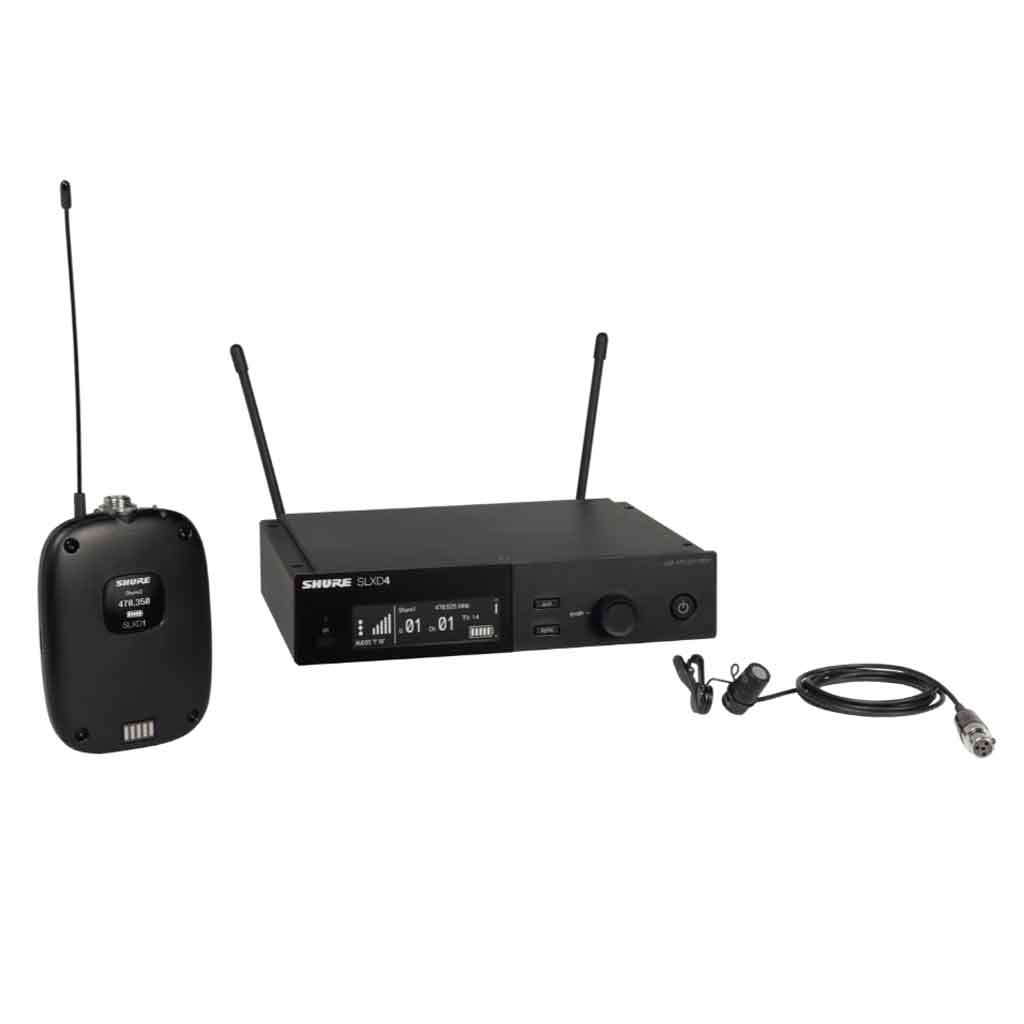 Hệ thống micro cài áo Shure SLXD14/85 Bộ thu không dây Shure SLXD4 hình đang được miêu tả chi tiết thiết bị nằm phía dưới thiết kế màu đen, kiểu dáng chuyên nghiệp