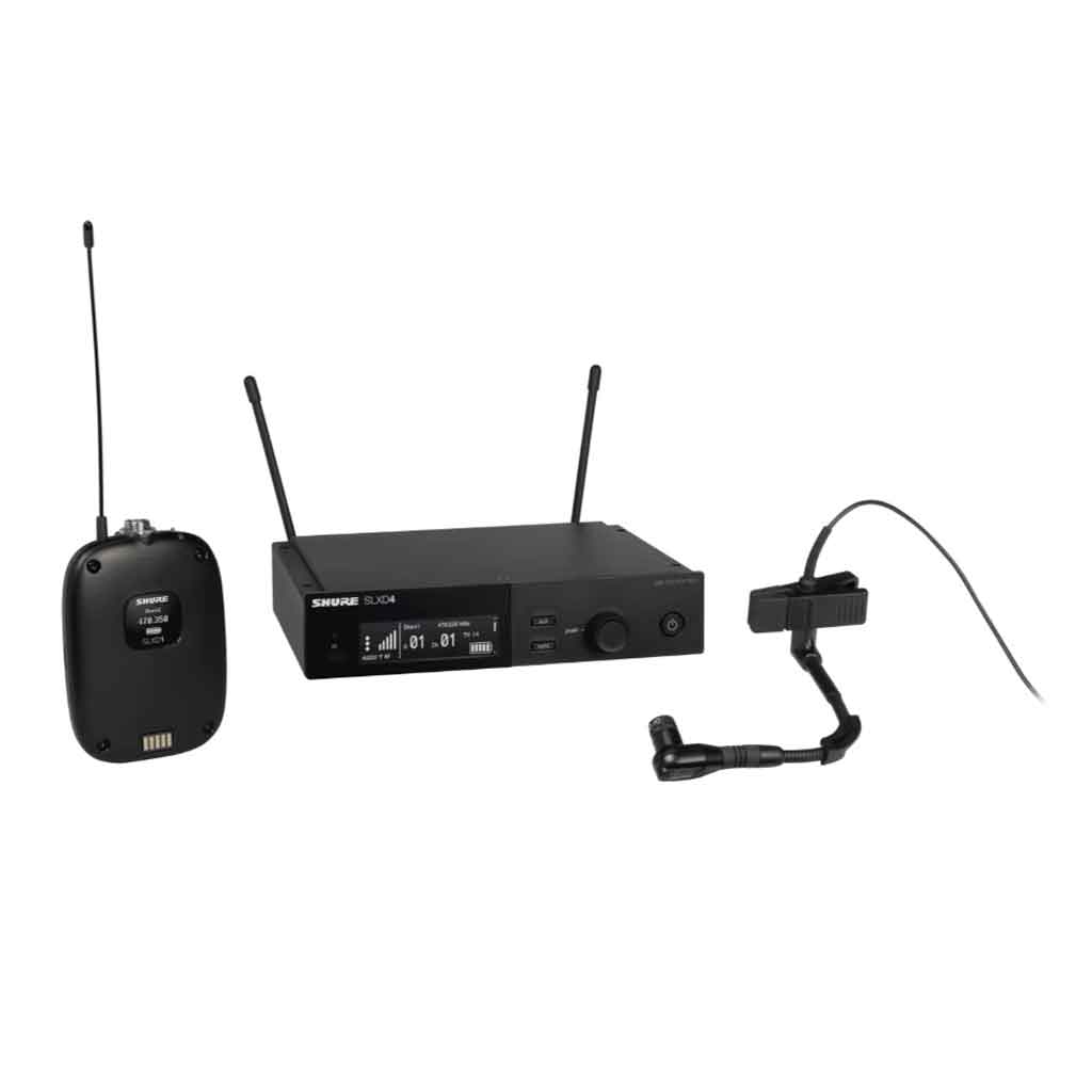 Hệ thống micro không dây Shure SLXD14/98H hình đang được miêu bộ phát bodypack Shure SLXD1 bên trái thiết kế nhỏ gọn, màu đen. 