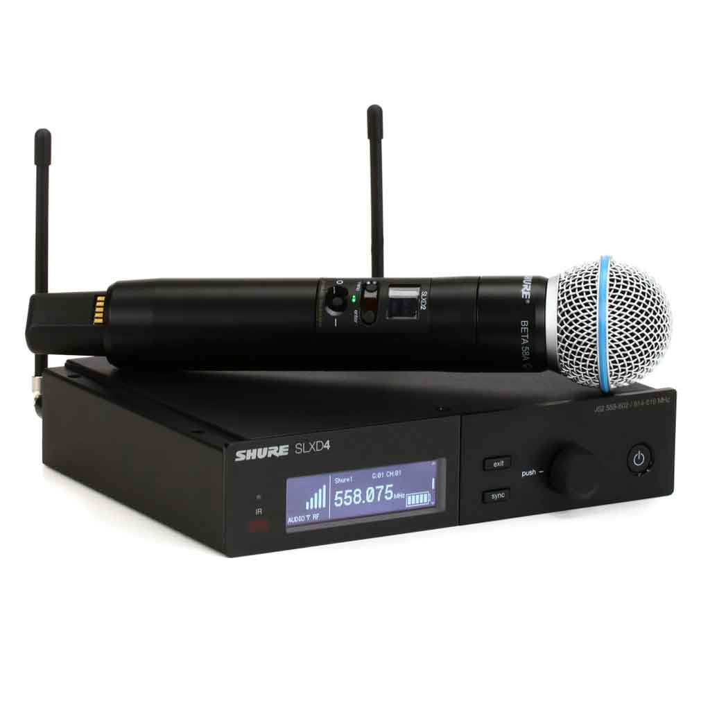 Hệ thống micro không dây Shure QLXD24/B58 hình đang được miêu tả Hình ảnh trên là bộ micro không dây đôi cầm tay Shure bao gồm các thành phần chính sau