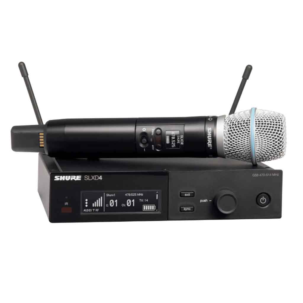 Hệ thống micro không dây Shure SLXD24/B87A hình đang được miêu tảHình ảnh trên là bộ micro không dây đôi cầm tay Shure SLXD24D/B58, bao gồm các thành phần chính sau