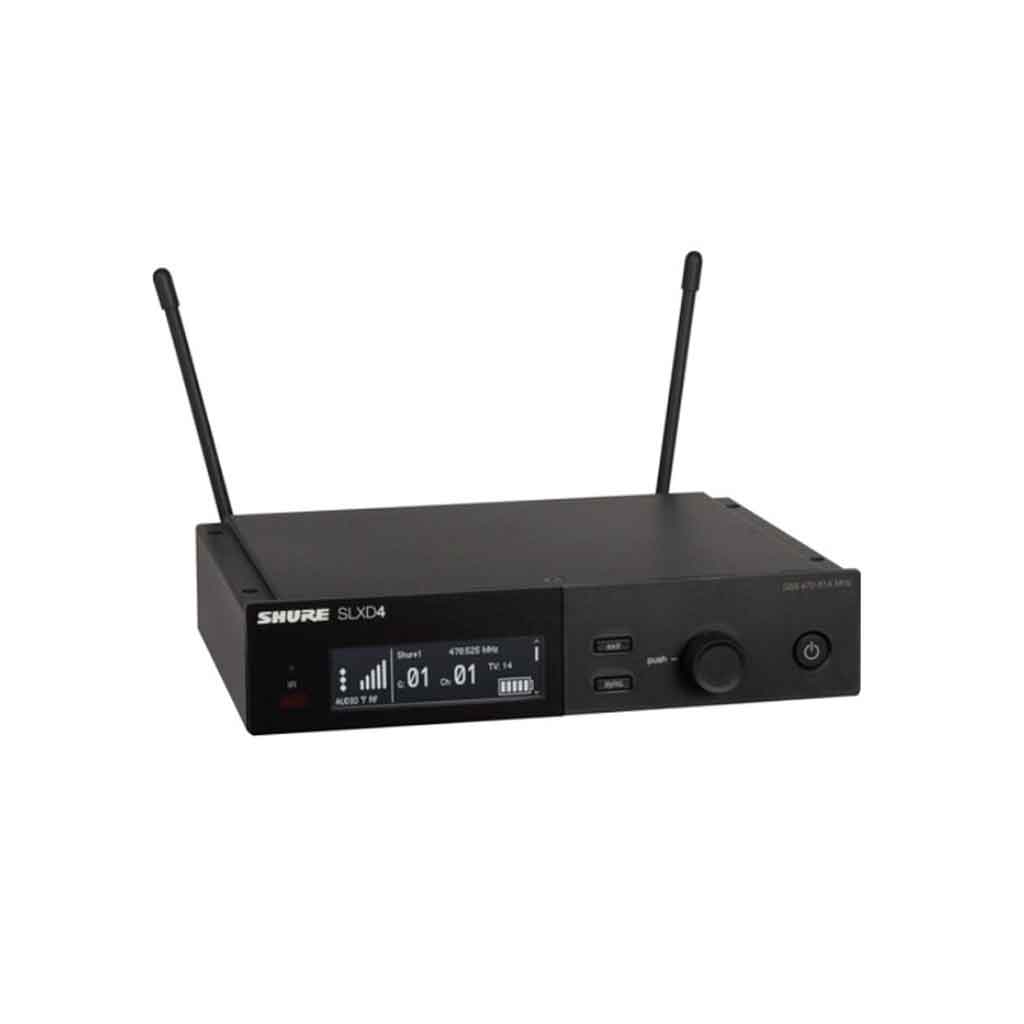 Hệ thống micro không dây Shure SLXD24/B87A có hai màn hình LCD hiển thị thông tin tần số, kênh, tín hiệu RF/AF và mức pin.