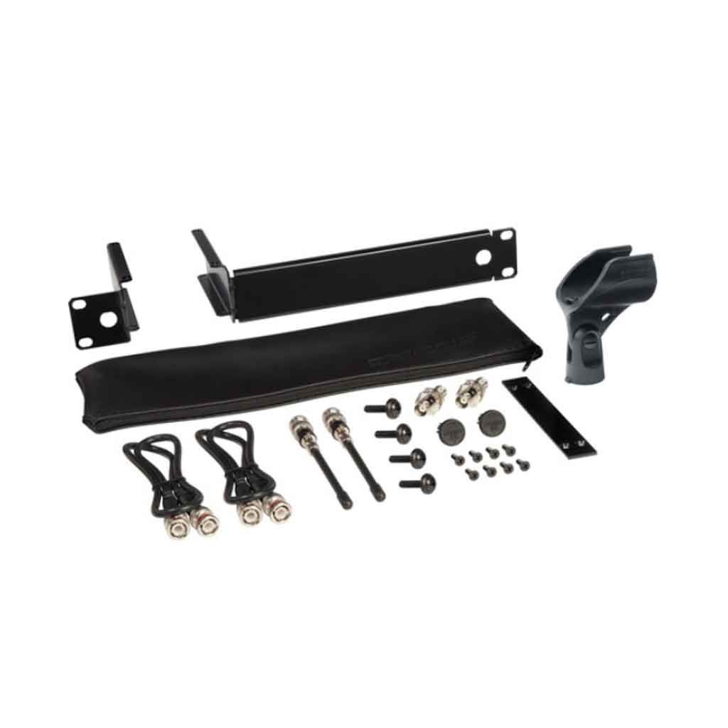Hệ thống micro không dây Shure SLXD24/B87A hình đang được chụp miêu tả chi tiết các linh kiện phụ kiện của sản phẩm trong nền trắng 