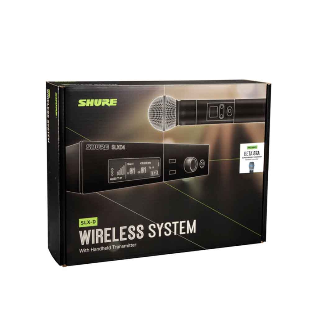 Hệ thống micro không dây Shure SLXD24/B87A hình đang được chụp miêu tả hộp của sản phẩm được đặt trong khoảng không nền trắng 