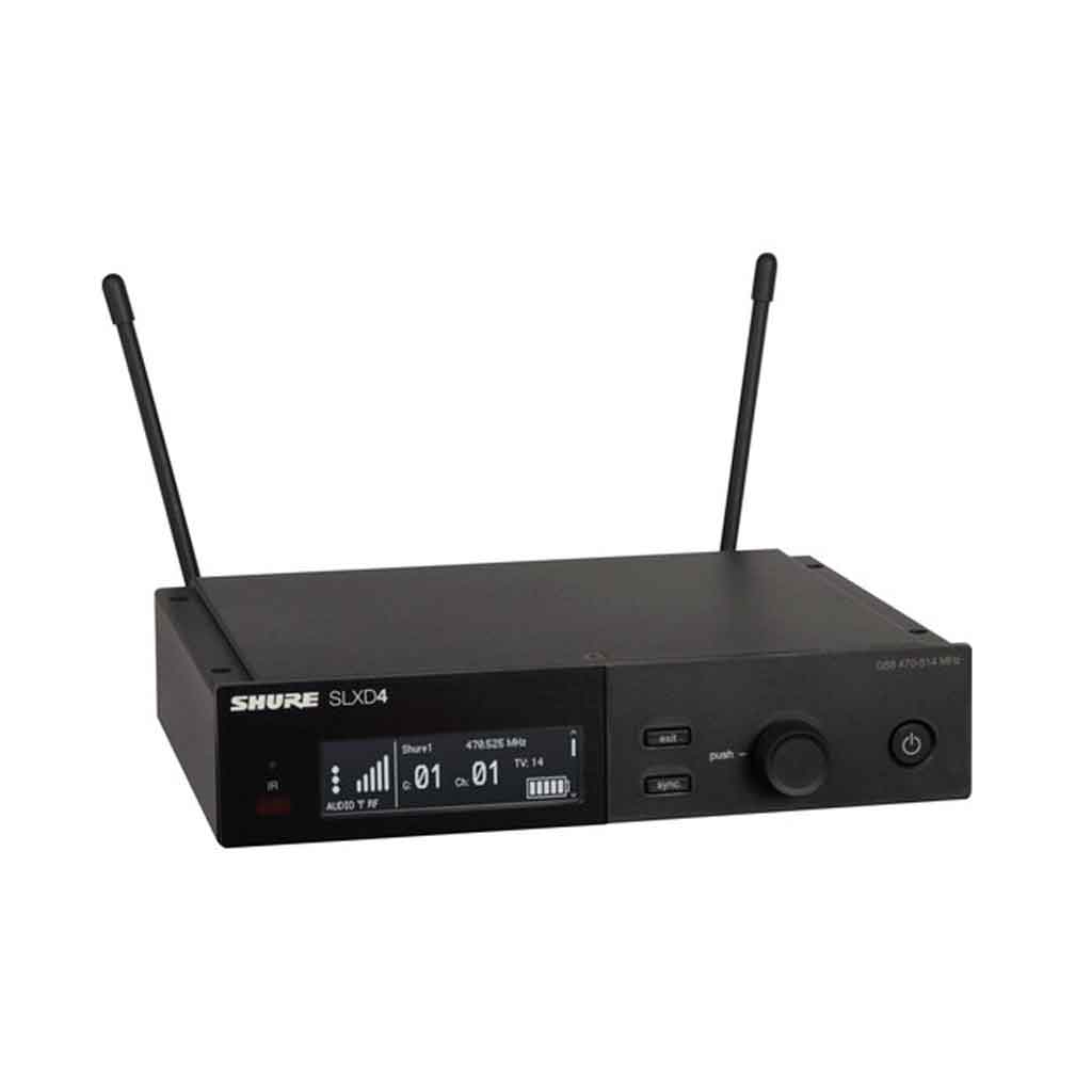 Hệ thống micro không dây Shure SLXD24/K8B hình đang được miêu tả thiết kế kiểu dáng chuyên nghiệp, màu đen sang trọng