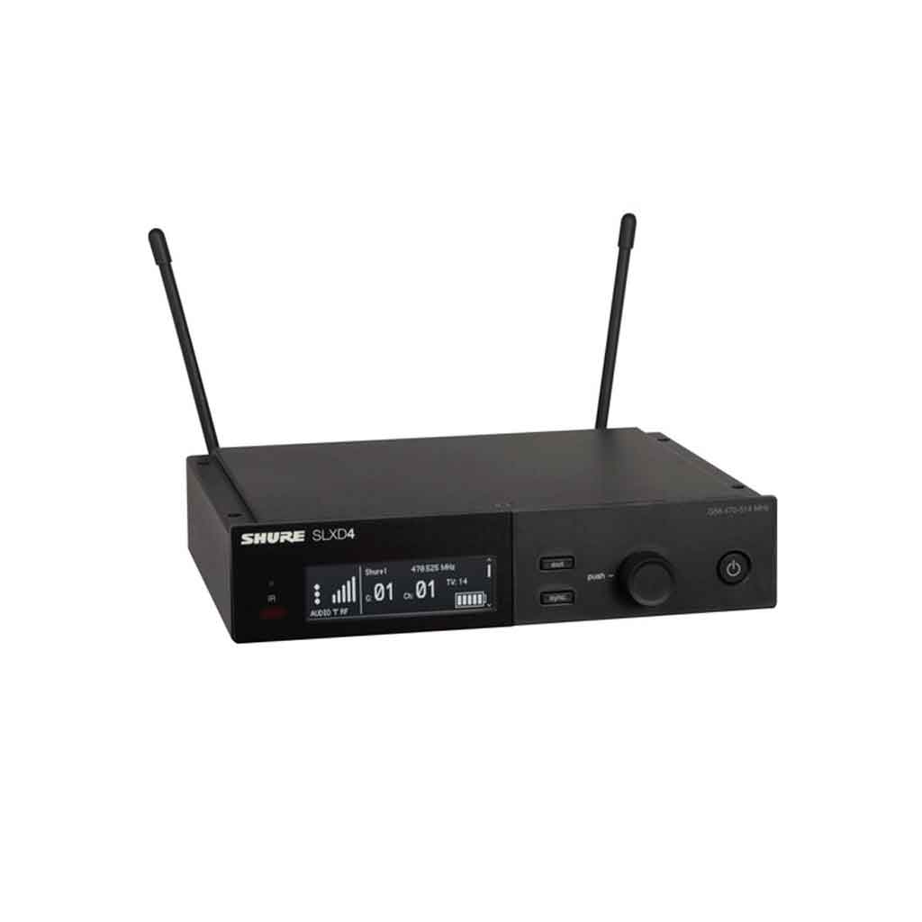 Hệ thống micro không dây Shure SLXD24/SM58 hình đang được miêu tả thiết kế Kiểu dáng chuyên nghiệp, màu đen sang trọng.