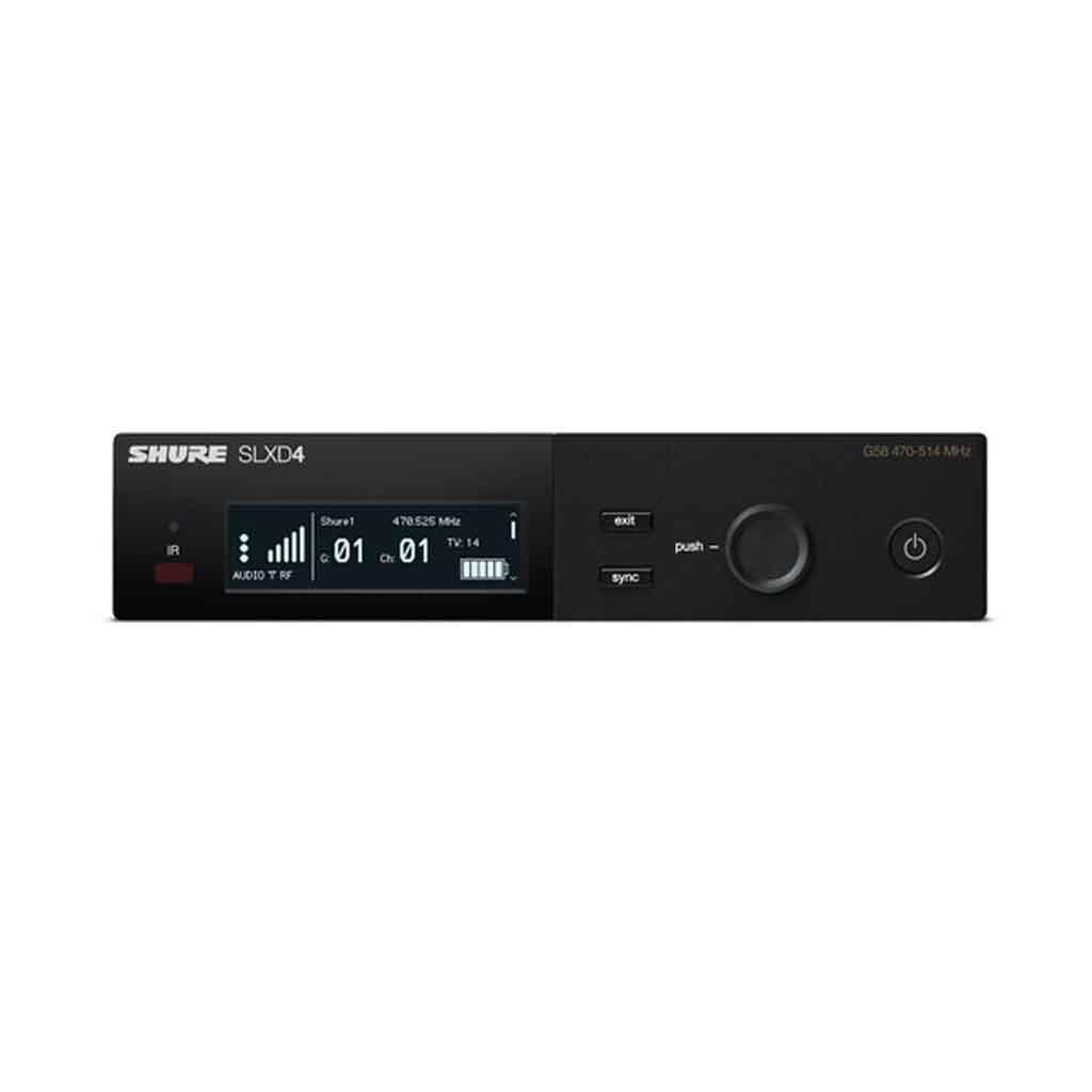 Bộ micro không dây đôi cầm tayShure SLXD24D/B58 có hai màn hình LCD hiển thị thông tin tần số, kênh, tín hiệu RF/AF và mức pin.