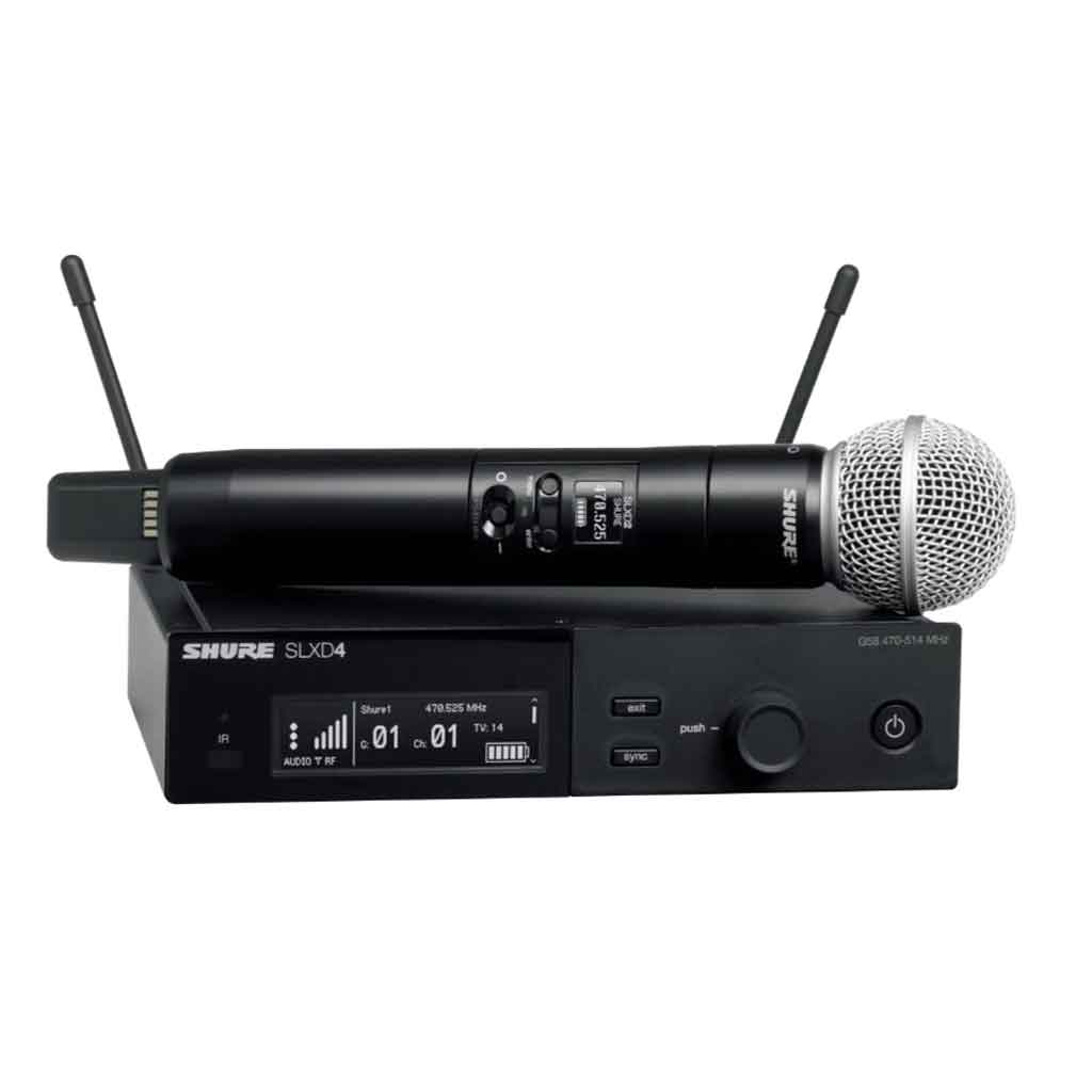 Hệ thống micro không dây Shure SLXD24/SM58 hình đang được miêu tả sản phẩm trong hình là hệ thống micro không dây kỹ thuật số Shure SLXD24/SM58. Nó bao gồm:  micro không dây cầm tay