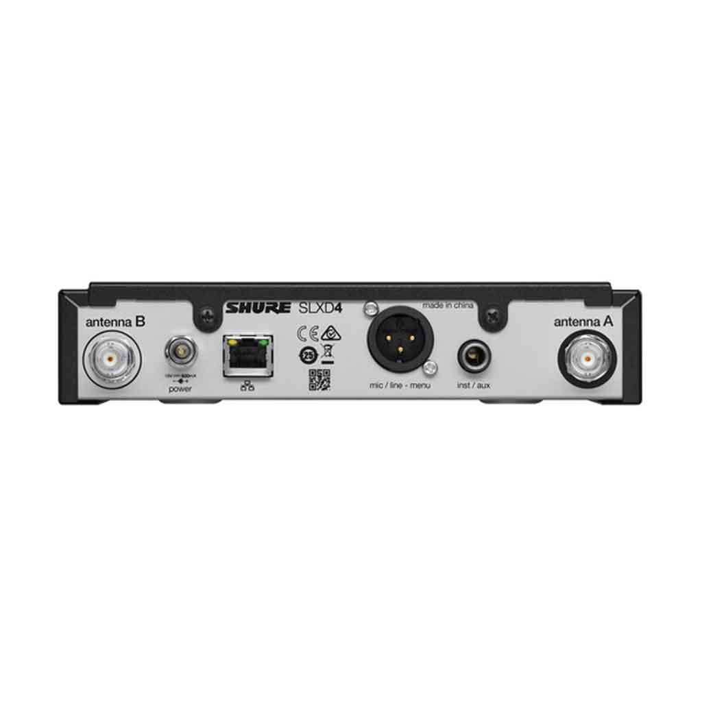 Hệ thống micro không dây Shure SLXD24/SM58 hình đang được chụp chi tiết mặt sau có 6 phích cắm đầu vào 