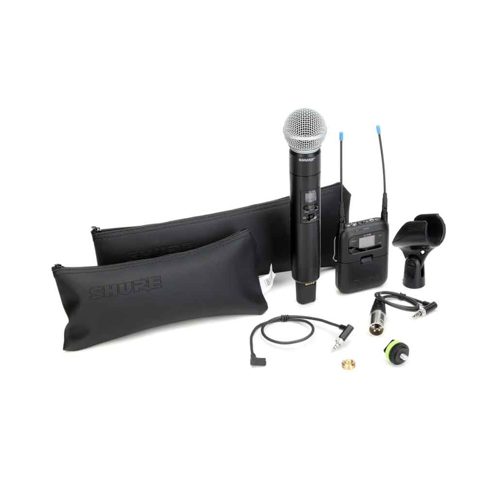 Hệ thống micro không dây Shure SLXD24/SM58 hình đang được chụp miêu tả chọn bộ đầy đủ phụ kiện sản phẩm trong nền trắng 