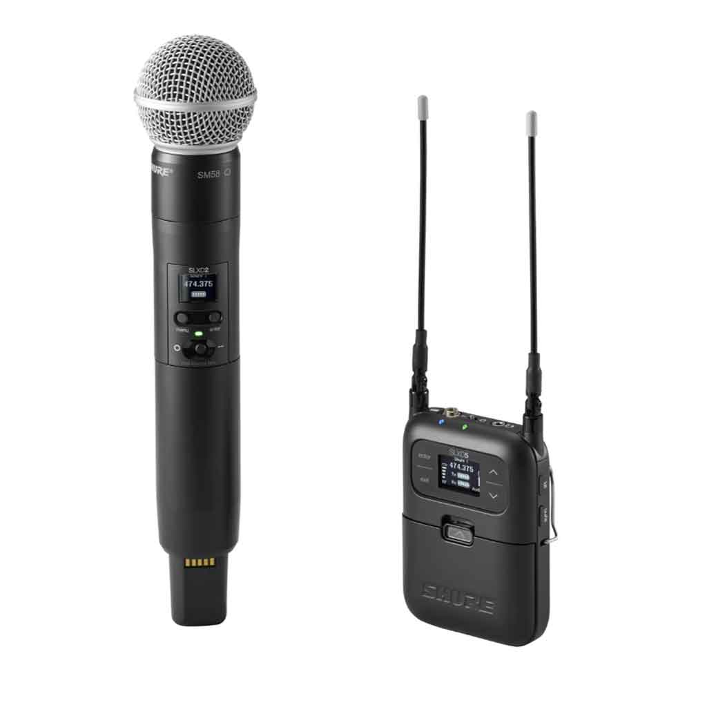 Hệ thống micro không dây Shure SLXD25/SM58  hình đang được chụp miêu tả sản phẩm đang được đặt kế bên micro trong nền trắng