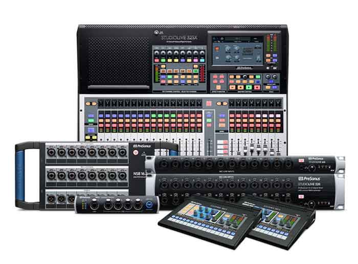 Hộp sân khấu PreSonus NSB8.8 AVB hình đang miêu tả chụp một khung hình có đầy đủ sản phẩm của thương hiệu này