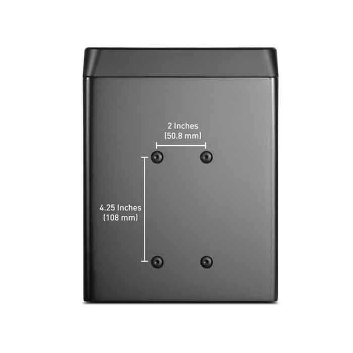 Kali Audio SM-5-C 5-inch 3-way Passive Studio Monitor hình đang được chụp miêu tả mặt lưng bên của loa với thiết kế các con ốc và miêu tả chiều dài của nó với có mà đen nhám 
