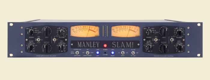 Manley SLAM! Preamp Micro hình đang được miêu tả chụp mặt trước với có thiết kế có màu tím và những nút tùy chỉnh có màu đen và logo trắng sử kết hợp hoàn hảo và có lớp nền màu vàng nhạt sau lưng
