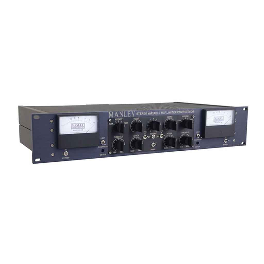 Manley Variable Mu Stereo Limiter Compressor Miêu tả chi tiết hình sản phẩm Manley Variable Mu Mastering T-Bar với có thiết bị mang phong cách classic rackmount 2U, màu xanh navy đặc trưng của Manley Labs.