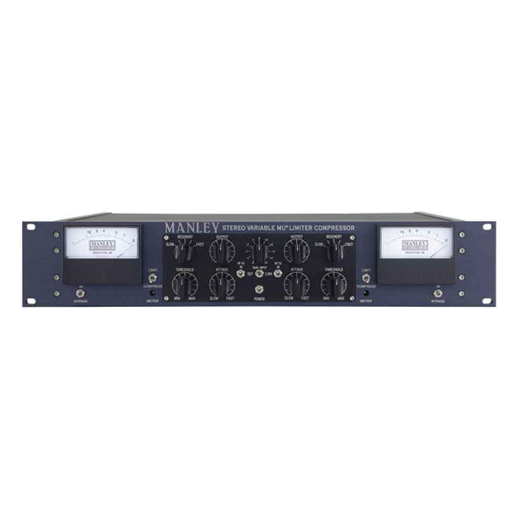 Manley Variable Mu Stereo Limiter Compressor với có hai đồng hồ VU meter lớn đặt hai bên, giúp người dùng theo dõi mức độ nén (Gain Reduction) rõ ràng và chính xác ở giữa là cụm điều khiển với núm xoay đen cao cấp, bao gồm: