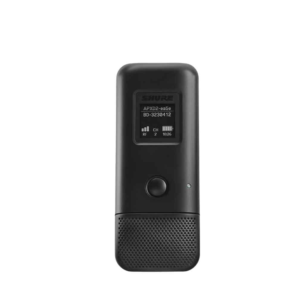 Micro Boundary Shure MXW6X hình miêu tả màn hình hiển thị (LCD/OLED) ở nửa trên  Hiển thị thông tin kênh, tình trạng pin, cường độ sóng RF và các thông số kỹ thuật khác